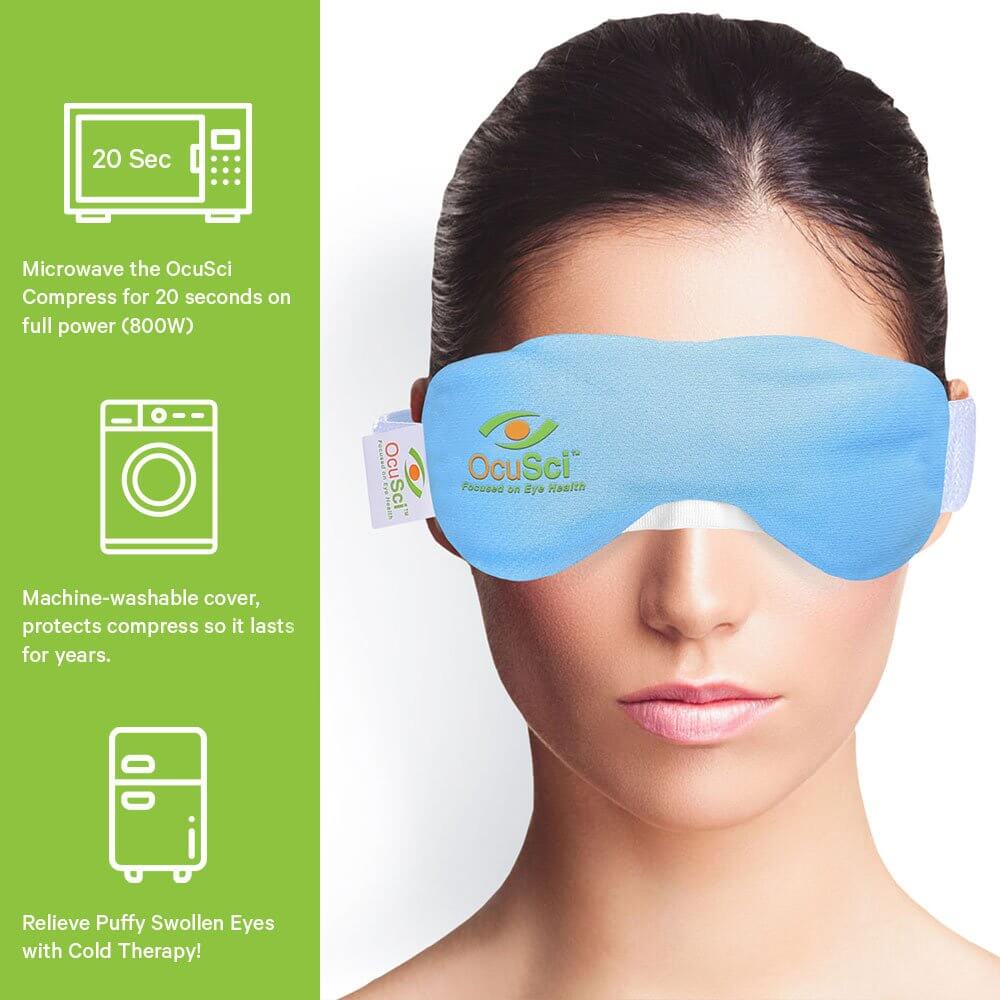 Image of a women wearing a OcuSci mask with a series of visuals explaining how to use -microvave for 20 seconds, machine washable, relieves swollen eyes with cold therapy