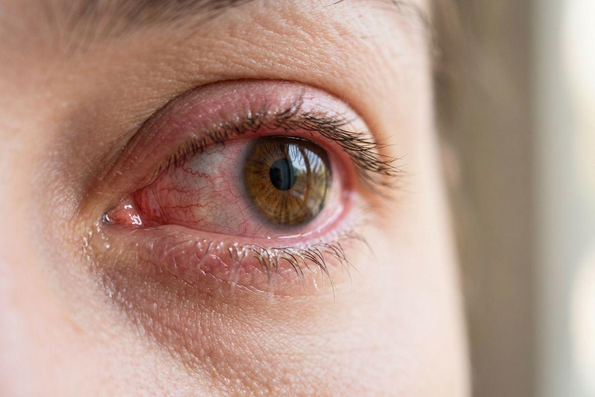 Close-up of a person's red, watery eye with visible blood vessels and a brown iris.