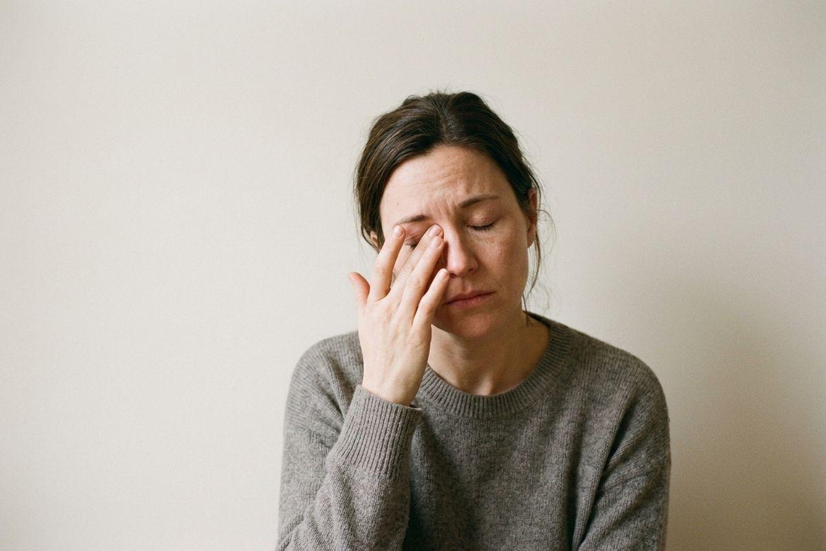 Person in a gray sweater rubbing their eye with closed eyes, looking tired, against a plain wall.