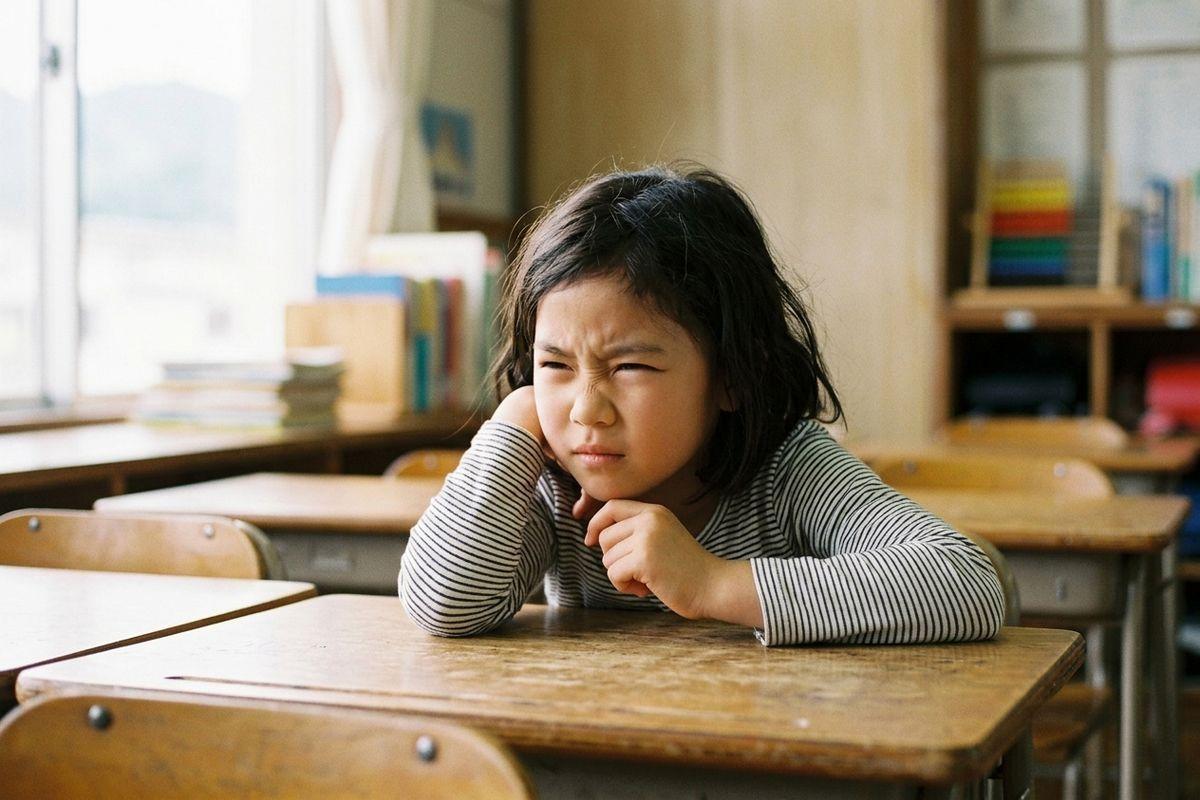 A child sits at a wooden classroom desk, resting their chin on their hand. They are squinting with a concerned expression.