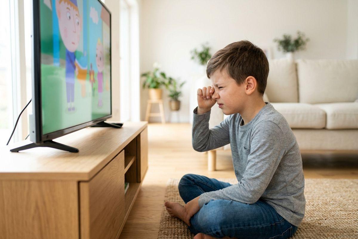 A child sits cross-legged on a living room rug, rubbing their right eye while watching a cartoon on television.