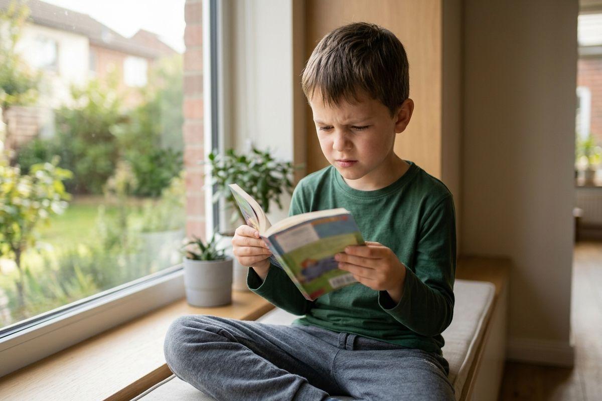 A child sits cross-legged on a window seat, reading a book with a focused, squinting expression.