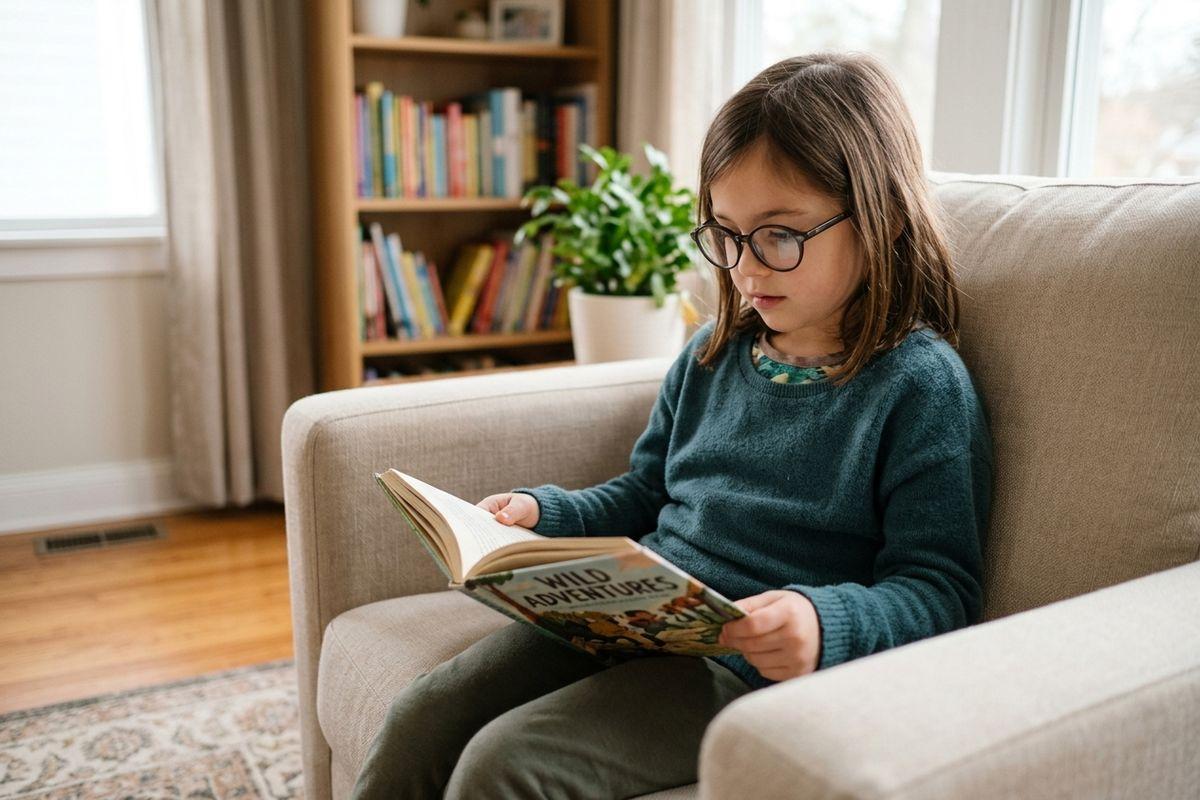 A focused child wearing glasses sits in a beige armchair in a living room, reading a book titled "WILD ADVENTURES".