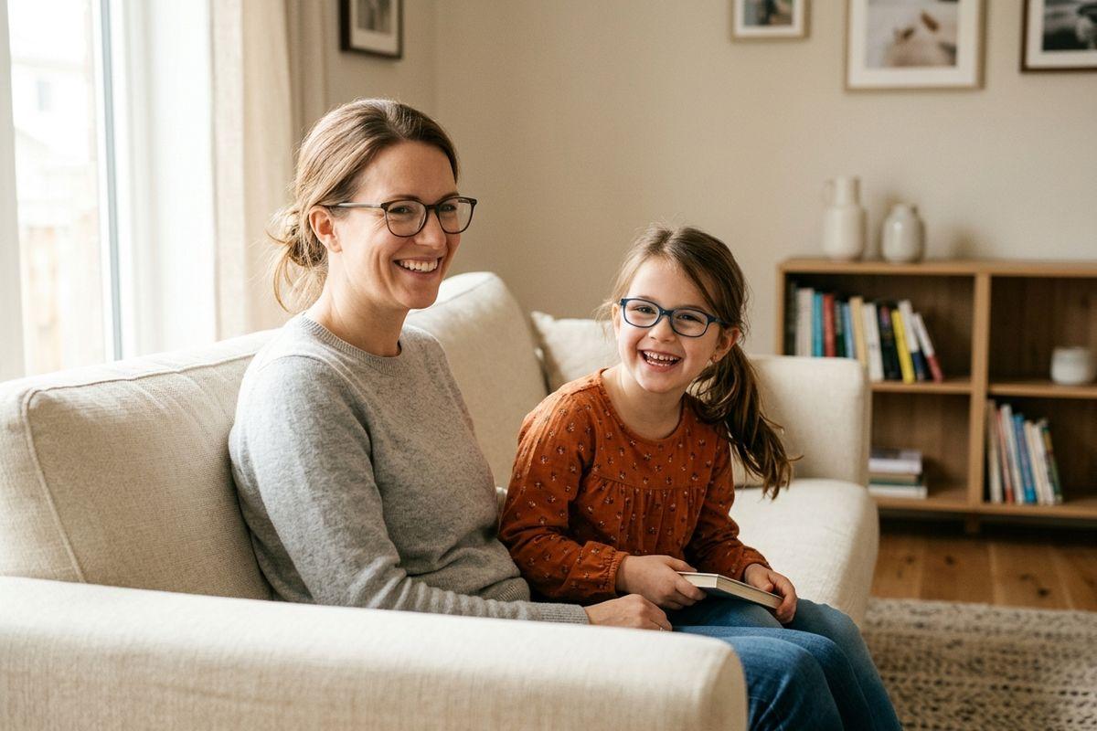 A smiling adult and child, both wearing glasses, sit together on a living room couch.
