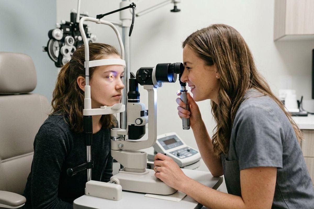 A smiling optometrist examines a person's eye using a machine in a clinic. The person rests their chin on the device as a light shines.