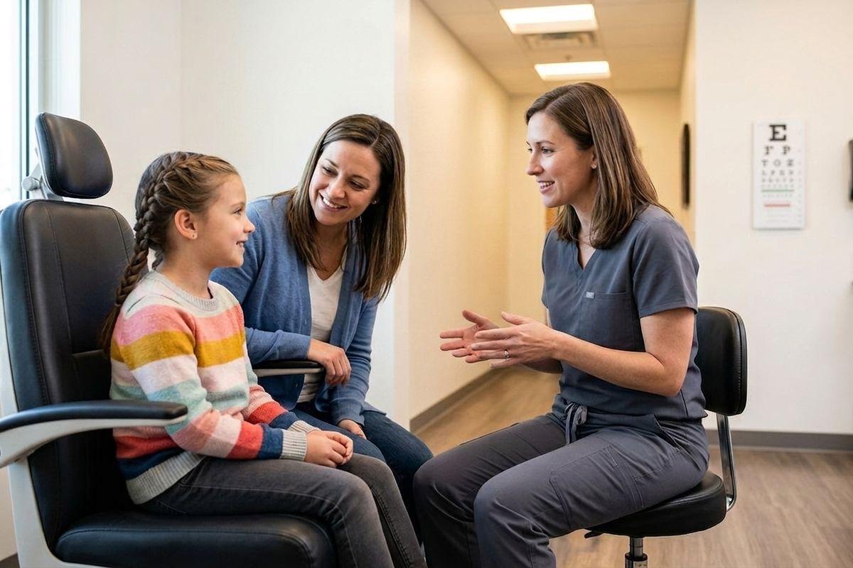 A smiling optometrist talks with a child seated in an exam chair and an adult sitting beside them.