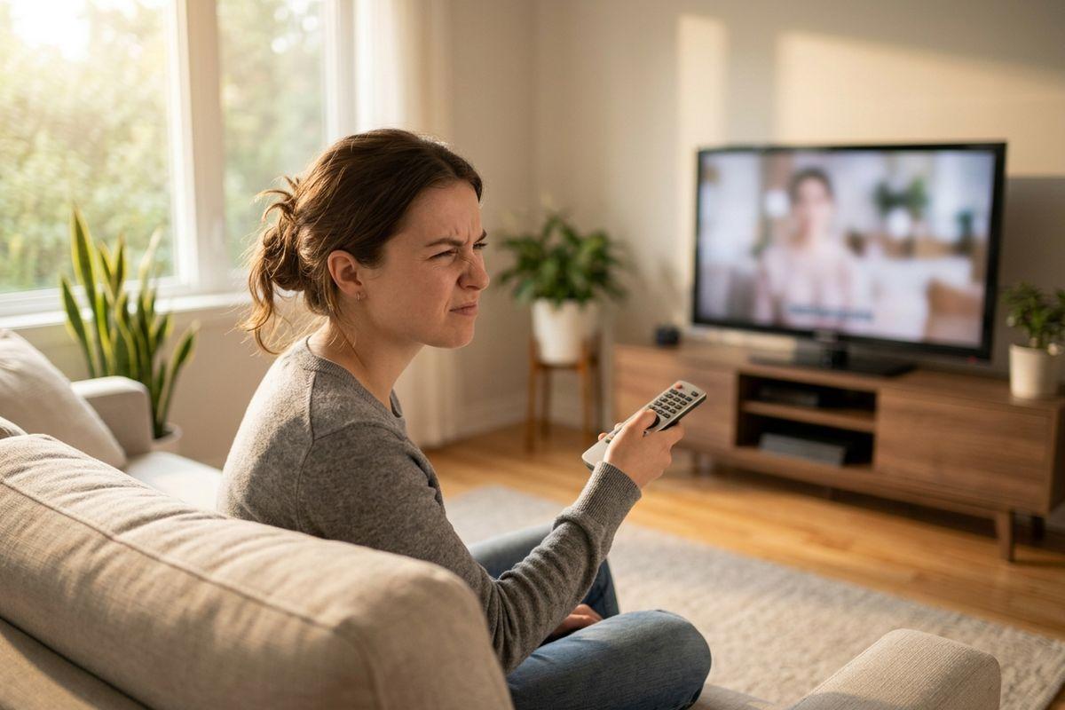 An adult sits on a living room couch holding a remote control, squinting at a television screen with a confused expression.