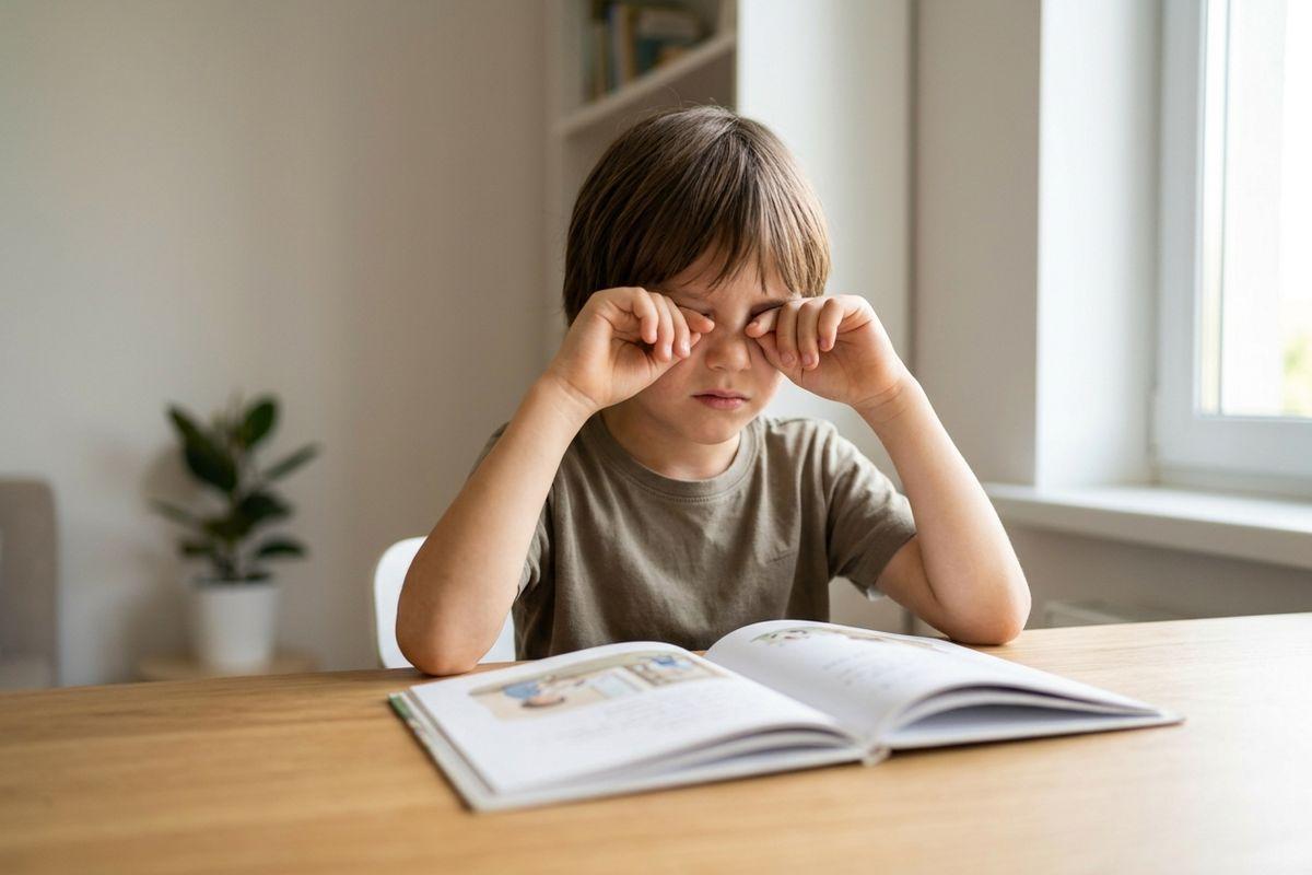 A child sits at a wooden table with an open book, rubbing both eyes with their hands.