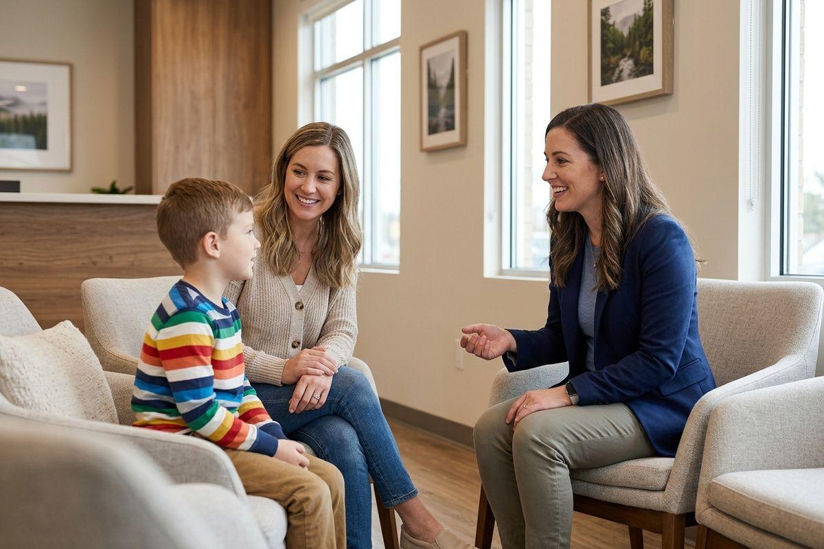 A smiling adult in a blue blazer sits in a bright waiting room, gesturing while talking to a child and another adult seated opposite them.