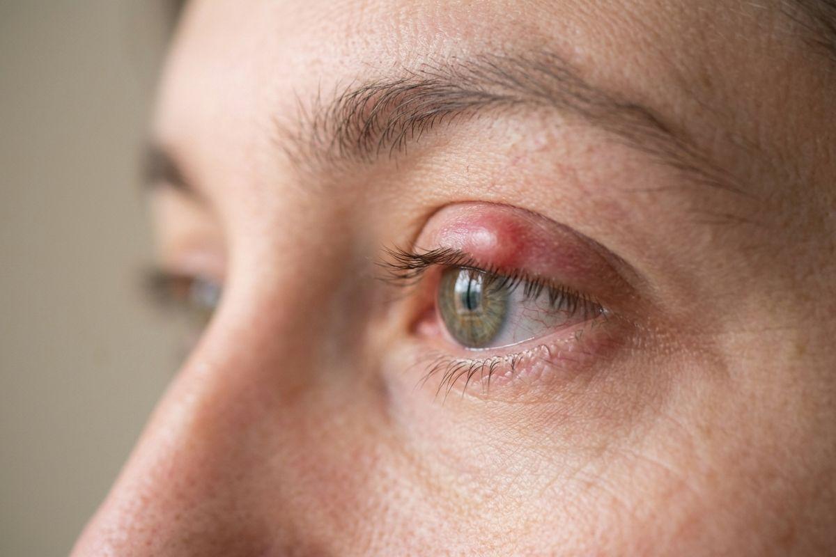 Close-up of an adult's eye with a red, swollen bump on the upper eyelid near the eyelashes.